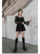 Pattern Lace Lace-Up Metal Pendant Long Horn Sleeve Black Gothic Short Cardigan