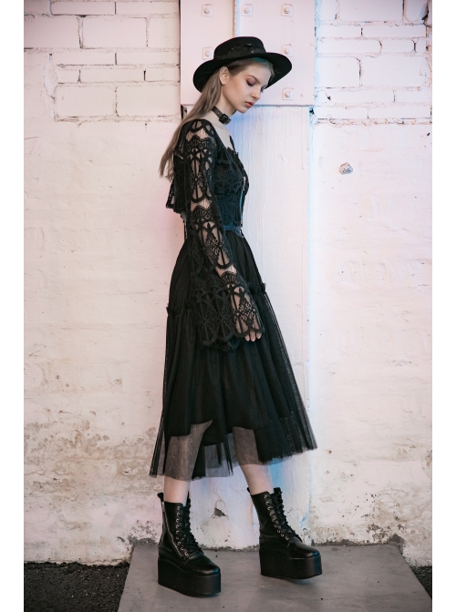 Pattern Lace Lace-Up Metal Pendant Long Horn Sleeve Black Gothic Short Cardigan