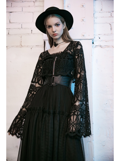 Pattern Lace Lace-Up Metal Pendant Long Horn Sleeve Black Gothic Short Cardigan