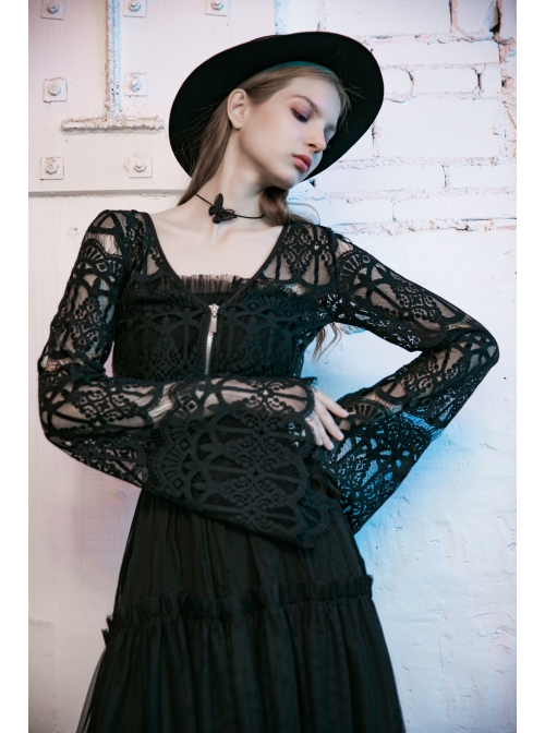 Pattern Lace Lace-Up Metal Pendant Long Horn Sleeve Black Gothic Short Cardigan