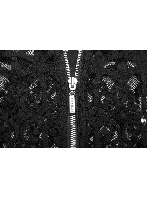 Pattern Lace Lace-Up Metal Pendant Long Horn Sleeve Black Gothic Short Cardigan