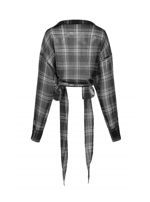 Suit Collar Long Sleeve Lace-Up Hem Black Lattice Punk Short Shirt