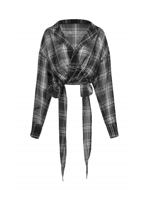 Suit Collar Long Sleeve Lace-Up Hem Black Lattice Punk Short Shirt