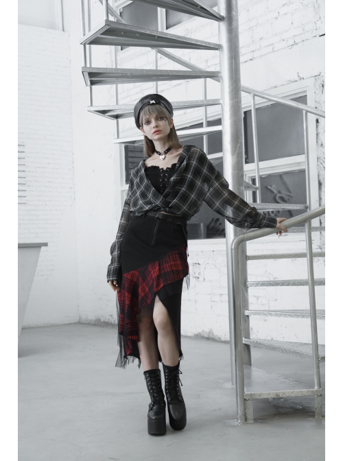 Suit Collar Long Sleeve Lace-Up Hem Black Lattice Punk Short Shirt