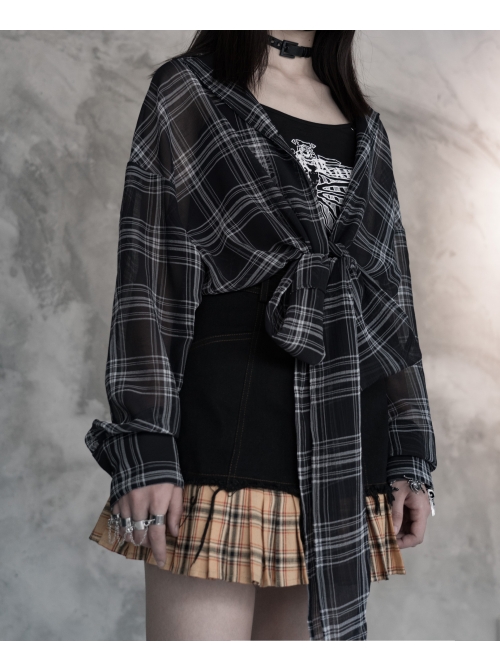 Suit Collar Long Sleeve Lace-Up Hem Black Lattice Punk Short Shirt