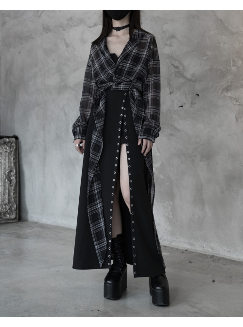 Suit Collar Long Sleeve Lace-Up Hem Black Lattice Punk Short Shirt