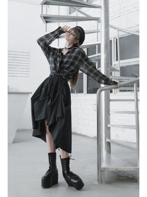 Suit Collar Long Sleeve Lace-Up Hem Black Lattice Punk Short Shirt