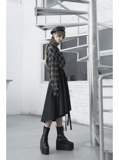 Suit Collar Long Sleeve Lace-Up Hem Black Lattice Punk Short Shirt