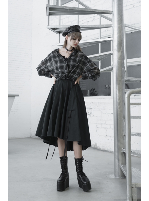 Suit Collar Long Sleeve Lace-Up Hem Black Lattice Punk Short Shirt