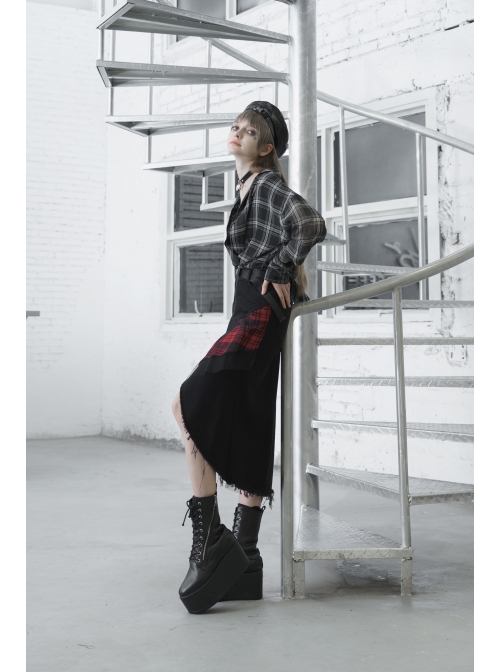 Suit Collar Long Sleeve Lace-Up Hem Black Lattice Punk Short Shirt