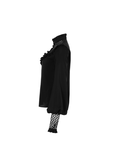 Black High Collar Chiffon Splice V-Shaped Mesh Chest Frill Mesh Cuff Gothic Blouse