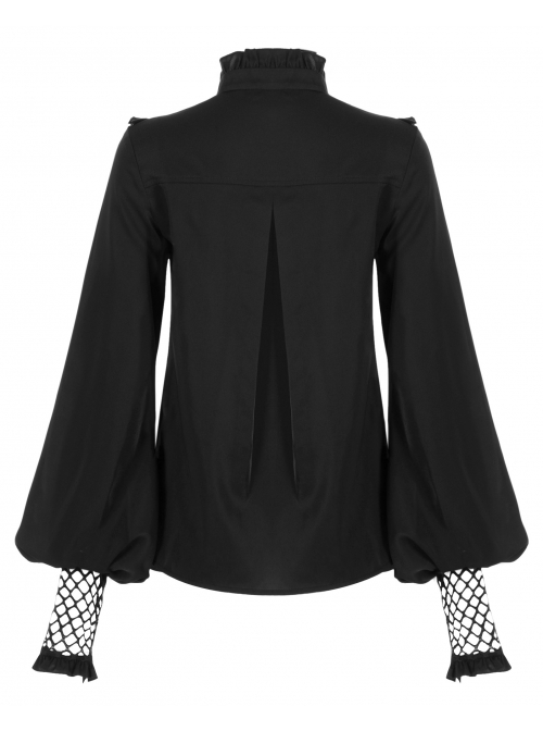 Black High Collar Chiffon Splice V-Shaped Mesh Chest Frill Mesh Cuff Gothic Blouse
