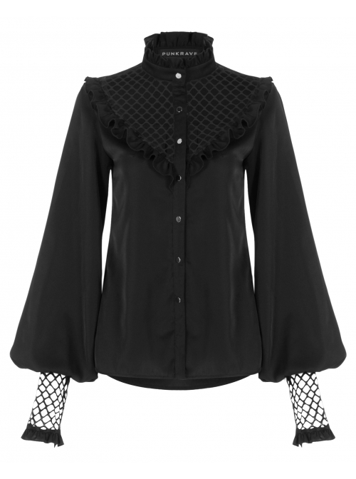 Black High Collar Chiffon Splice V-Shaped Mesh Chest Frill Mesh Cuff Gothic Blouse
