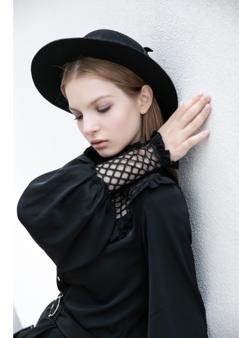 Black High Collar Chiffon Splice V-Shaped Mesh Chest Frill Mesh Cuff Gothic Blouse
