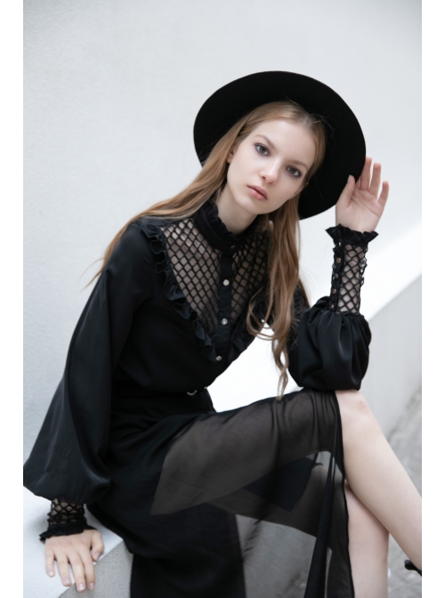 Black High Collar Chiffon Splice V-Shaped Mesh Chest Frill Mesh Cuff Gothic Blouse