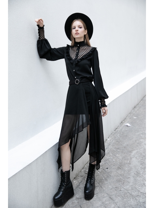 Black High Collar Chiffon Splice V-Shaped Mesh Chest Frill Mesh Cuff Gothic Blouse