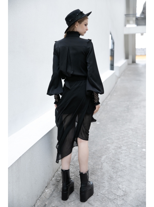 Black High Collar Chiffon Splice V-Shaped Mesh Chest Frill Mesh Cuff Gothic Blouse