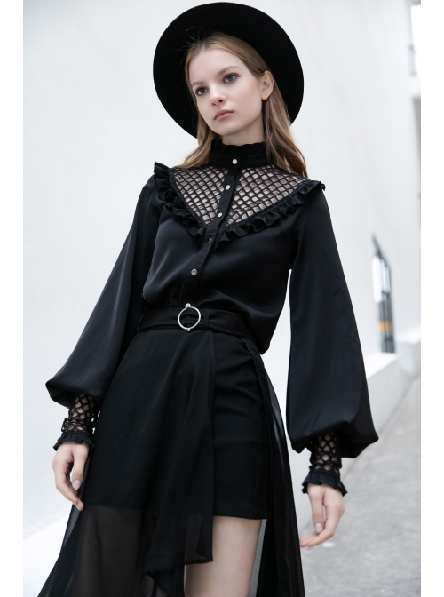 Black High Collar Chiffon Splice V-Shaped Mesh Chest Frill Mesh Cuff Gothic Blouse