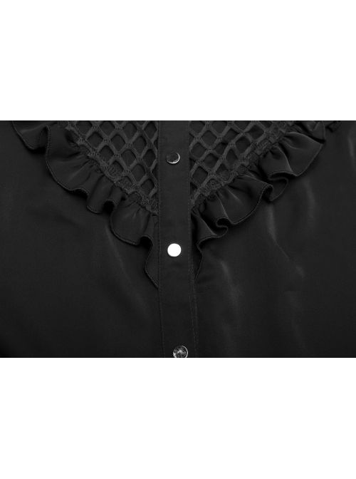 Black High Collar Chiffon Splice V-Shaped Mesh Chest Frill Mesh Cuff Gothic Blouse