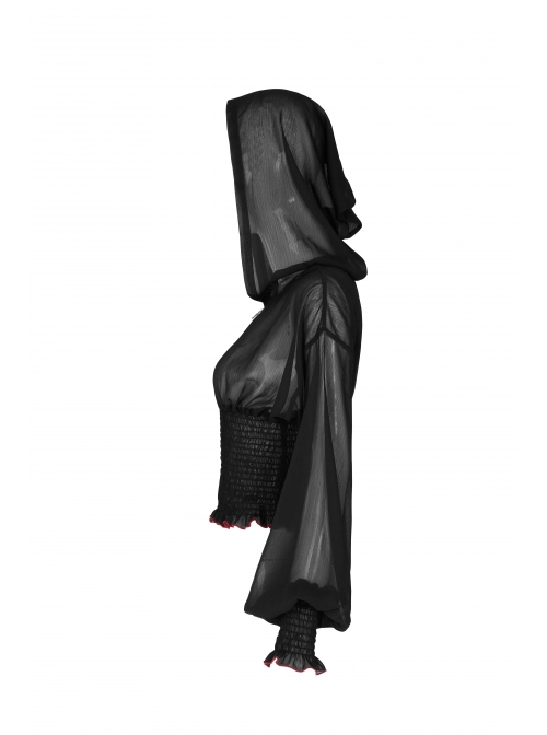 Large Hood Collect Waist Lantern Sleeve Lace Cuff Frill Hem Black Gothic Short Sunscreen Chiffon Jacket
