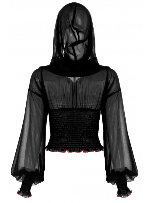 Large Hood Collect Waist Lantern Sleeve Lace Cuff Frill Hem Black Gothic Short Sunscreen Chiffon Jacket