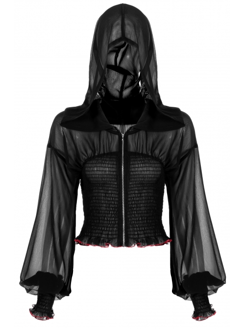 Large Hood Collect Waist Lantern Sleeve Lace Cuff Frill Hem Black Gothic Short Sunscreen Chiffon Jacket