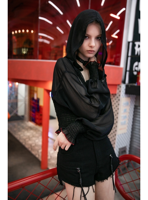 Large Hood Collect Waist Lantern Sleeve Lace Cuff Frill Hem Black Gothic Short Sunscreen Chiffon Jacket