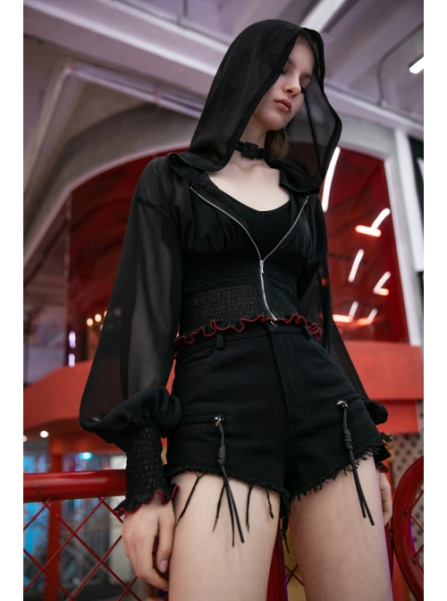 Large Hood Collect Waist Lantern Sleeve Lace Cuff Frill Hem Black Gothic Short Sunscreen Chiffon Jacket