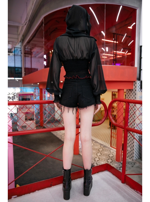 Large Hood Collect Waist Lantern Sleeve Lace Cuff Frill Hem Black Gothic Short Sunscreen Chiffon Jacket