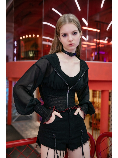Large Hood Collect Waist Lantern Sleeve Lace Cuff Frill Hem Black Gothic Short Sunscreen Chiffon Jacket