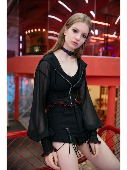 Large Hood Collect Waist Lantern Sleeve Lace Cuff Frill Hem Black Gothic Short Sunscreen Chiffon Jacket