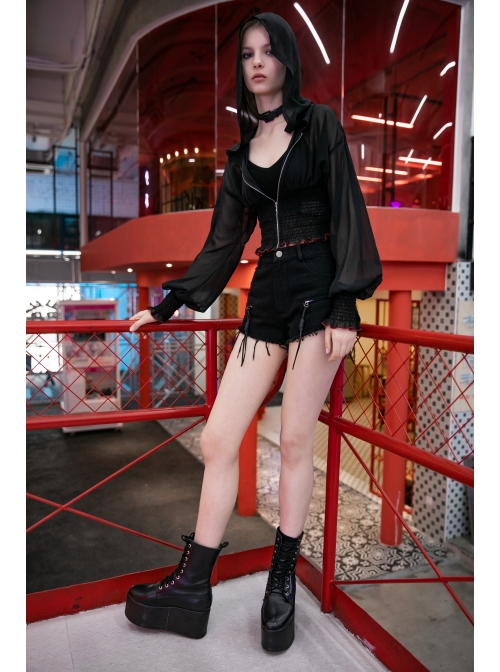 Large Hood Collect Waist Lantern Sleeve Lace Cuff Frill Hem Black Gothic Short Sunscreen Chiffon Jacket
