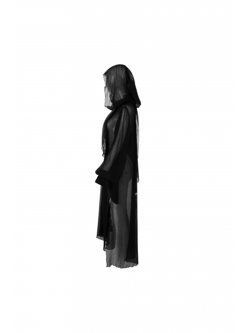 Large Hood Metal Moon Ornaments Big Lantern Sleeve Frill Hem Black Gothic Long Chiffon Coat