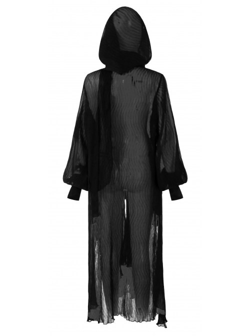 Large Hood Metal Moon Ornaments Big Lantern Sleeve Frill Hem Black Gothic Long Chiffon Coat