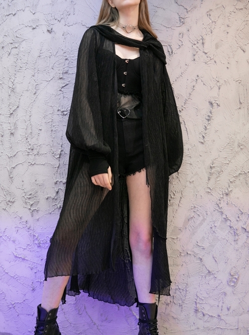 Large Hood Metal Moon Ornaments Big Lantern Sleeve Frill Hem Black Gothic Long Chiffon Coat