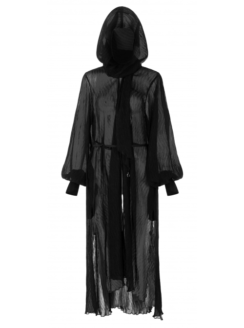 Large Hood Metal Moon Ornaments Big Lantern Sleeve Frill Hem Black Gothic Long Chiffon Coat