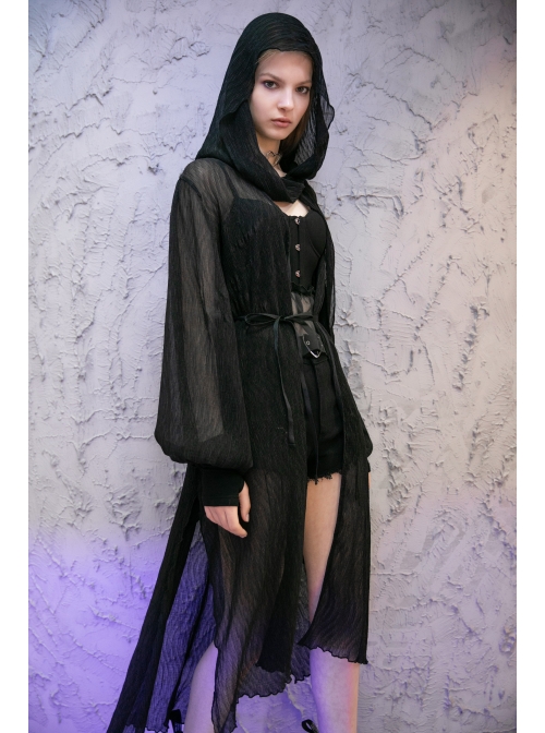 Large Hood Metal Moon Ornaments Big Lantern Sleeve Frill Hem Black Gothic Long Chiffon Coat