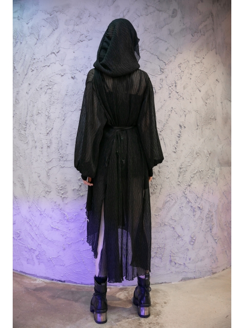 Large Hood Metal Moon Ornaments Big Lantern Sleeve Frill Hem Black Gothic Long Chiffon Coat