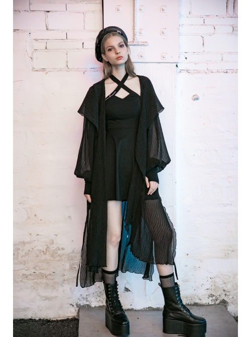 Large Hood Metal Moon Ornaments Big Lantern Sleeve Frill Hem Black Gothic Long Chiffon Coat