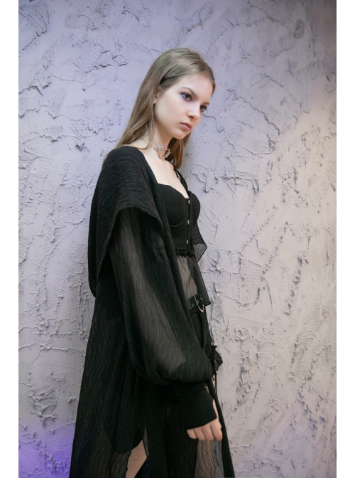 Large Hood Metal Moon Ornaments Big Lantern Sleeve Frill Hem Black Gothic Long Chiffon Coat