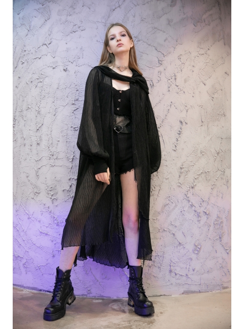 Large Hood Metal Moon Ornaments Big Lantern Sleeve Frill Hem Black Gothic Long Chiffon Coat