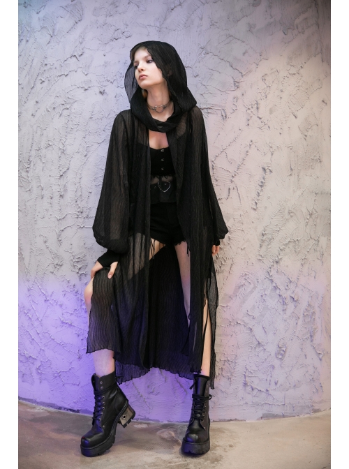 Large Hood Metal Moon Ornaments Big Lantern Sleeve Frill Hem Black Gothic Long Chiffon Coat