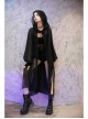 Large Hood Metal Moon Ornaments Big Lantern Sleeve Frill Hem Black Gothic Long Chiffon Coat