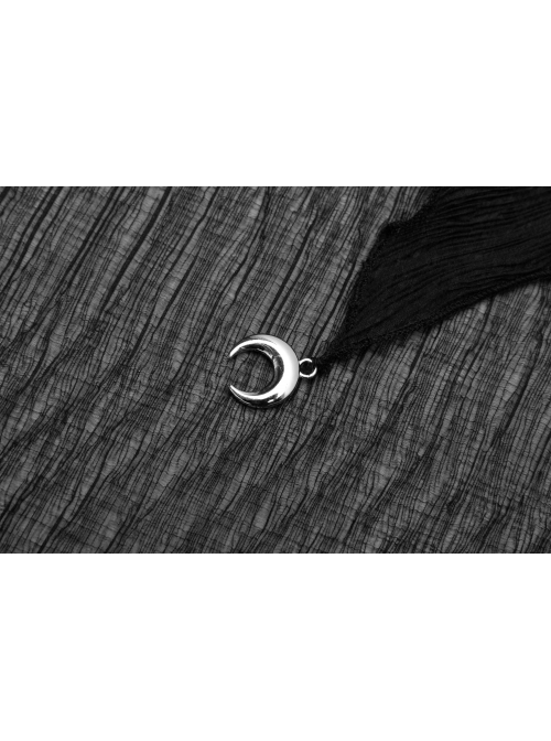 Large Hood Metal Moon Ornaments Big Lantern Sleeve Frill Hem Black Gothic Long Chiffon Coat