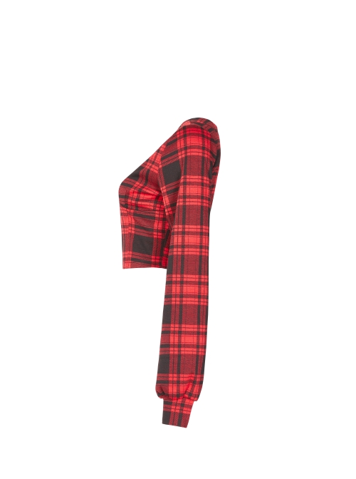 Red And Black Plaid Horizontal Wide Neckline Short Punk Knitted Coat