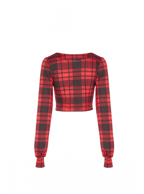 Red And Black Plaid Horizontal Wide Neckline Short Punk Knitted Coat