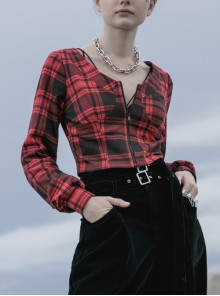 Red And Black Plaid Horizontal Wide Neckline Short Punk Knitted Coat