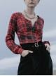 Red And Black Plaid Horizontal Wide Neckline Short Punk Knitted Coat