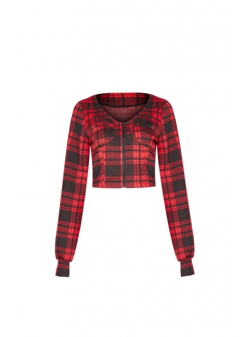 Red And Black Plaid Horizontal Wide Neckline Short Punk Knitted Coat