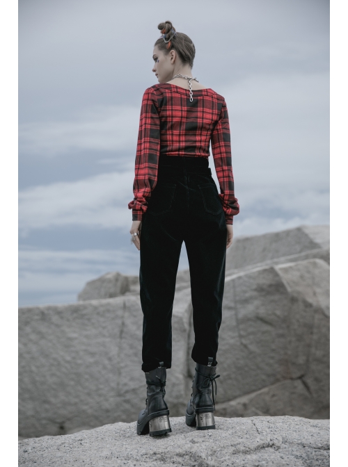 Red And Black Plaid Horizontal Wide Neckline Short Punk Knitted Coat